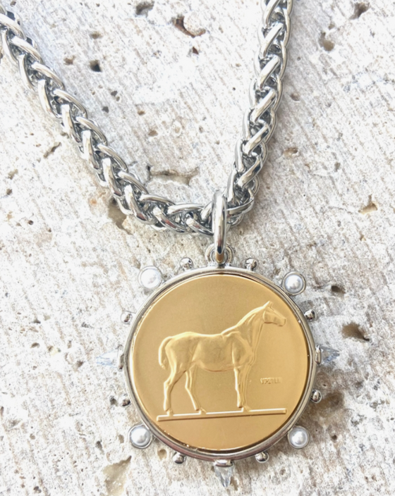 Gold French Coin Necklace with Silver Wheat Chain
