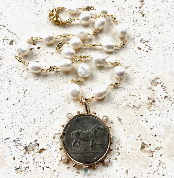 Silver French Coin Necklace with Freshwater Pearl