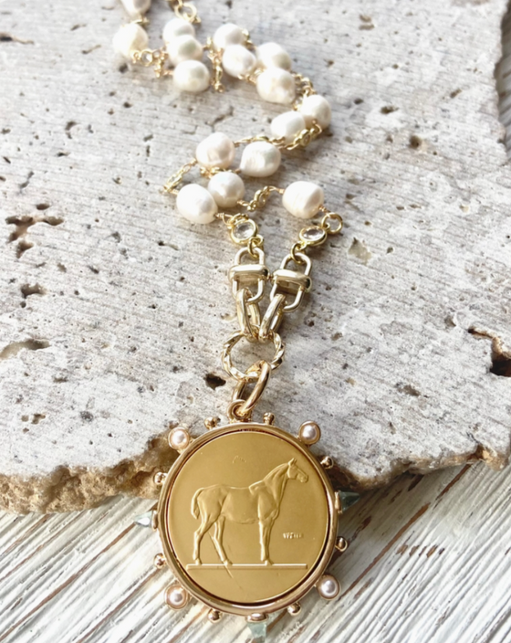 Gold French Coin Necklace with Freshwater Pearl
