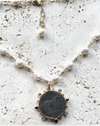 Silver French Coin Necklace with Black Crystal & Freshwater Pearl