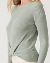 Sage Waffle Knit Twist Front Crew