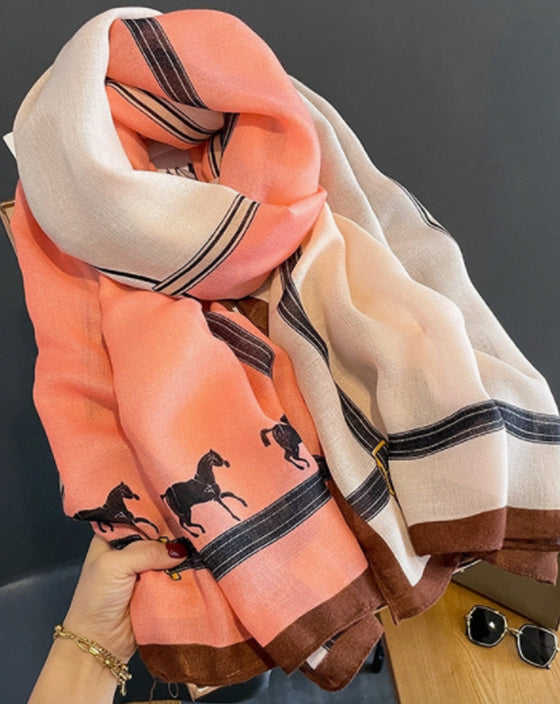 Linen Colorblock Horse Print Wrap