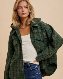  Evergreen Plaid Shacket with Detachable Hood