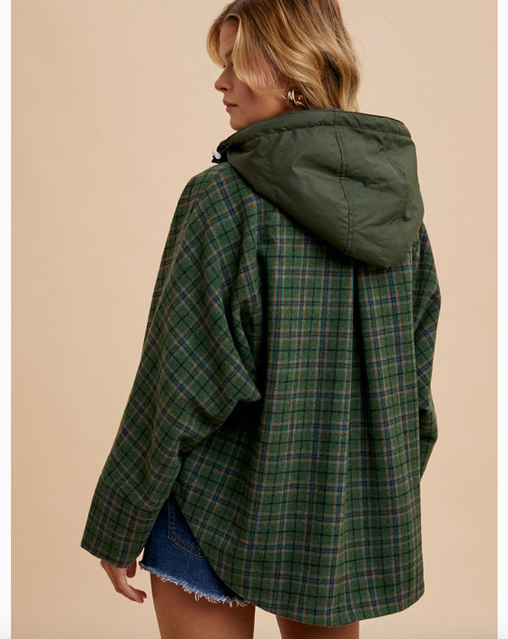 Evergreen Plaid Shacket with Detachable Hood